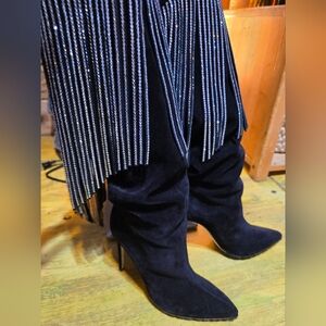 Black Suede Women's Boots With Rhinestone Fringe